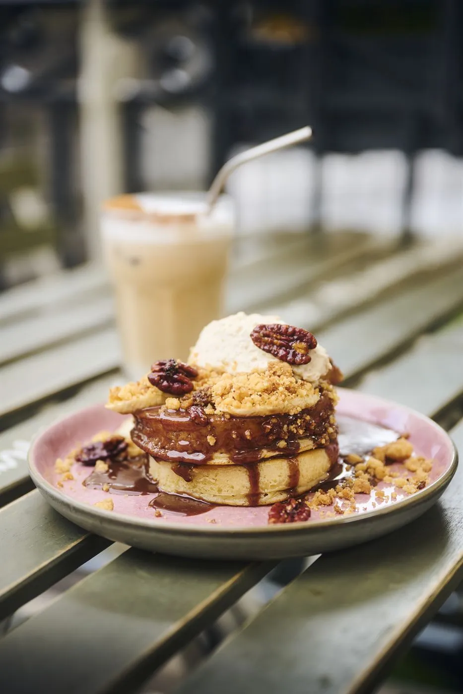 Pecan-caramel pancakes served on the terrace